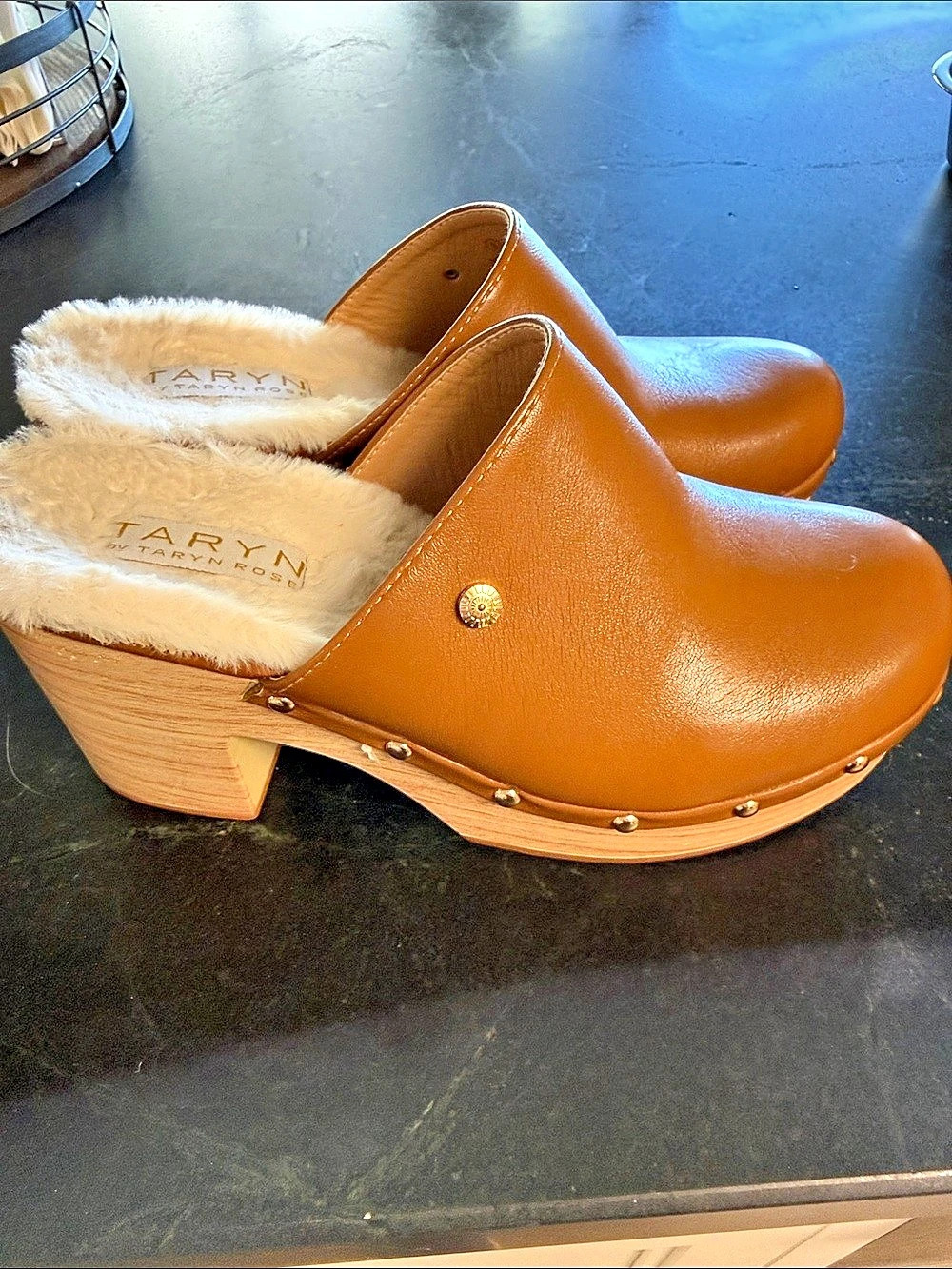 Taryn Rose Brown Fur-Lined Clog Mules US 8